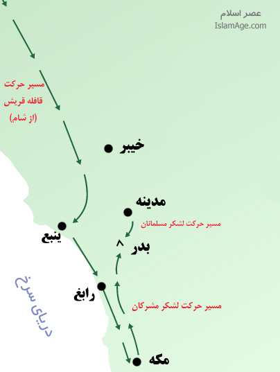 مسیر حرکت کاروان قریش و لشکر مسلمانان و مشرکان به سوی بدر